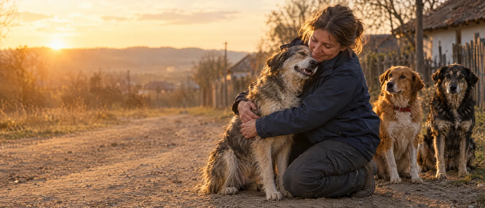 Eine Tierschützerin umarmt auf einer Dorfstraße einen glücklichen Straßenhund