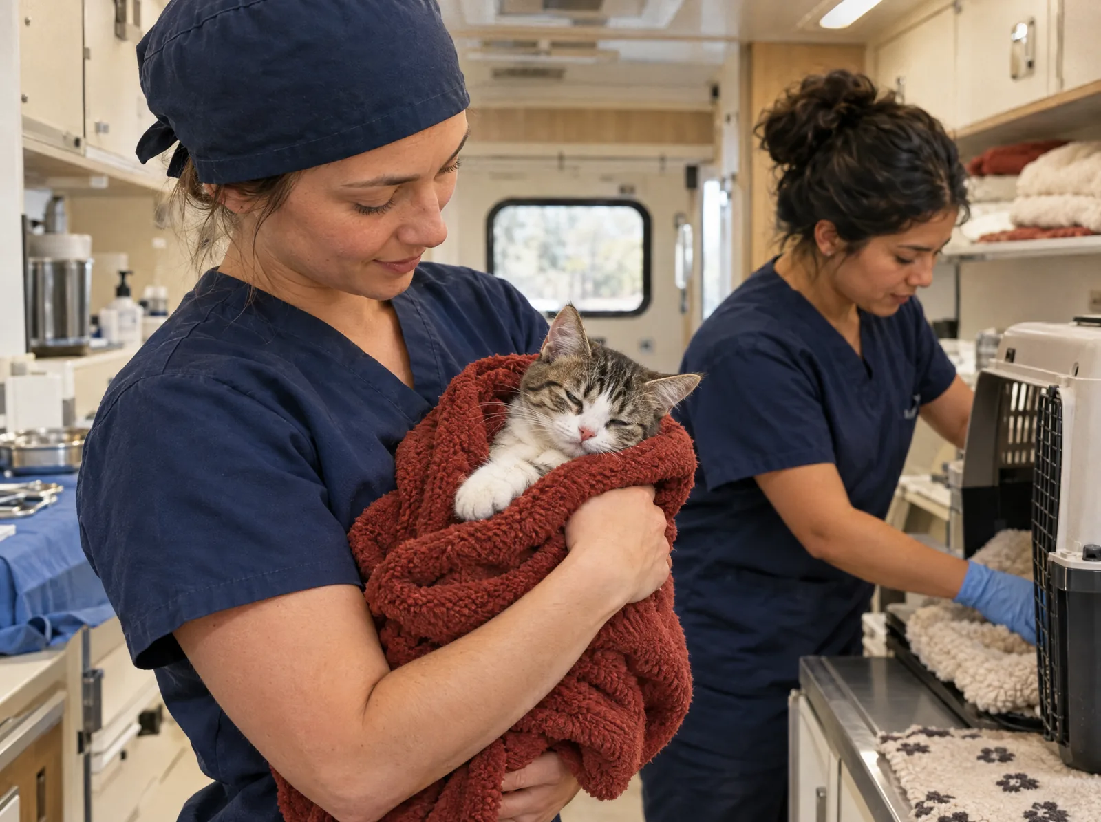 Eine Tierärztin trägt eine frisch kastrierte, schlafende Katze in eine Decke gewickelt